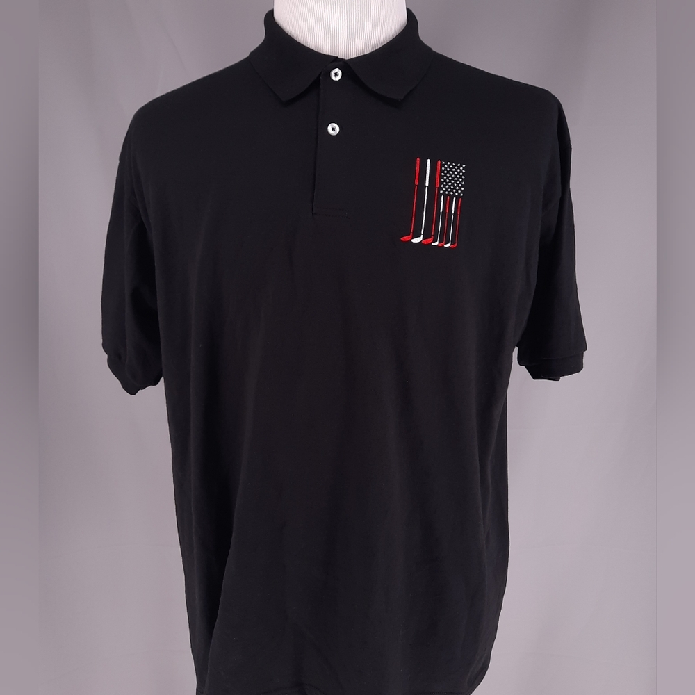 Golf Club Embroidered American Flag Black Polo Shirt Men's Size XL
